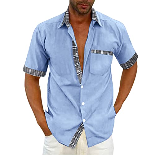 Leinenhemd Herren Kurzarm Sommer Shirts Mode Dashing Lässige Hemd Kariertes Einfarbige Freizeithemd Leicht Luftig Strandhemd Geteilter Saum Kläppchenkragen Casual Hemden Mit Knopfleiste Brusttasche von Generic