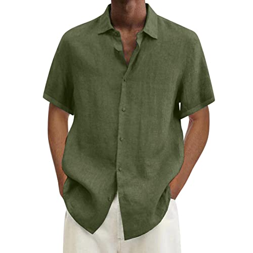 Leinenhemd Herren Kurzarm Sommer Shirts Mode Dashing Lässige Hemd Kariertes Einfarbige Freizeithemd Leicht Luftig Strandhemd Geteilter Saum Kläppchenkragen Casual Hemden Mit Knopfleiste Brusttasche von Generic
