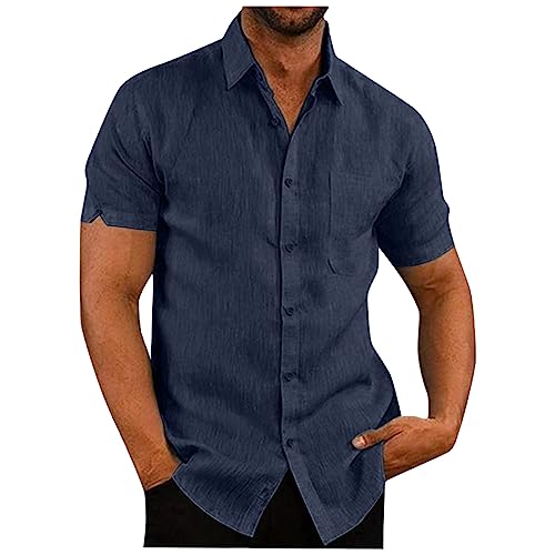 Leinenhemd Herren Kurzarm Sommerhemd Männer Button Down Shirt Freizeithemden für Herren mit Brusttasche Strandhemd Casual Urlaub Marine von Generic