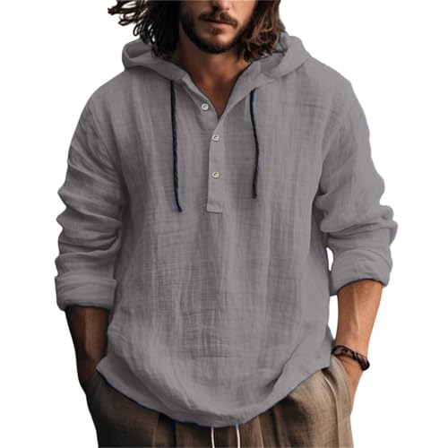 Leinenhemd Herren Langarm Baumwolle Leinen Hoodie Einfarbig Hoody Oberteile Knopfleiste Langarm Hemd mit Kapuze Modische Langarmshirt Sommerhemd Shirt Leichte Bequem Freizeithemden von Generic
