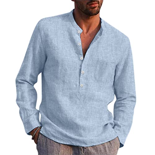 Leinenhemd Herren Langarm Baumwolle Leinen Stehkragenhemd Mann Regular Fit Leichtes Sommerhemd Freizeithemd Henley Shirt Men (Blau, XL) von Generic