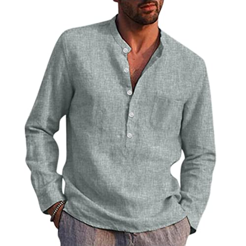 Leinenhemd Herren Langarm Baumwolle Leinen Stehkragenhemd Mann Regular Fit Leichtes Sommerhemd Freizeithemd Henley Shirt Men (Grau, XL) von Generic