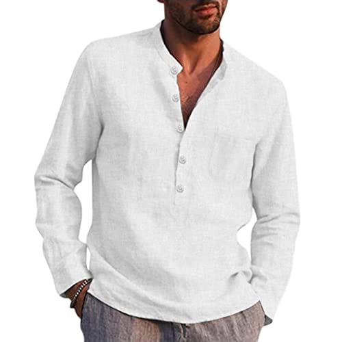 Leinenhemd Herren Langarm Baumwolle Leinen Stehkragenhemd Mann Regular Fit Leichtes Sommerhemd Freizeithemd Henley Shirt Men (Weiß, XXL) von Generic