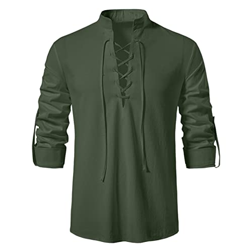 Leinenhemd Herren Langarm Freizeithemd Piratenkostüm Herren Safari Kleidung Mittelalter Kleidung Wikinger Kleidung Peter Pan Kostüm Freizeit Regular Fit Casual Freizeithemd Grün M von Generic