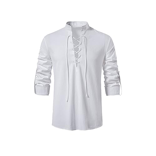 Leinenhemd Herren Langarm Freizeithemd Piratenkostüm Herren Safari Kleidung Mittelalter Kleidung Wikinger Kleidung Peter Pan Kostüm Freizeit Regular Fit Casual Freizeithemd Weiß M von Generic