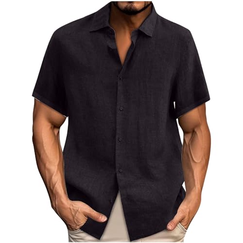 Leinenhemd Herren Sommer Baumwolle Hemd Kurzarm Hemden Leinen Kurzarmhemd Leichte Freizeithemden Einfarbig Herrenhemden Bequeme Sommerhemd Regular Fit Freizeithemd Sale Angebote 04 Schwarz 3XL von Generic
