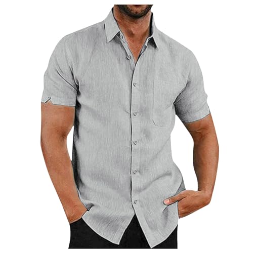 Leinenhemd Herren Sommer Kurzarm Hemden Kläppchenkragen Mode Freizeithemd Comfort Lose Strandhemd Formell Regular Fit Businesshemd Einfarbige Dashing Lässige Shirts Mit Knopfleiste Und Brusttasche von Generic