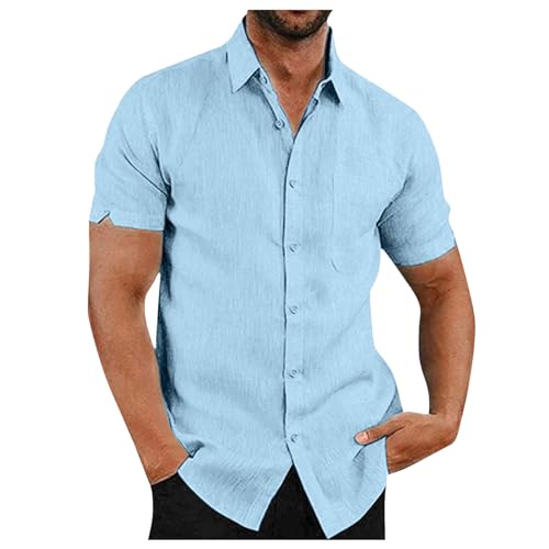 Leinenhemd Herren Sommer Kurzarm Hemden Kläppchenkragen Mode Freizeithemd Comfort Lose Strandhemd Formell Regular Fit Businesshemd Einfarbige Dashing Lässige Shirts Mit Knopfleiste Und Brusttasche von Generic