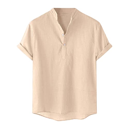 Leinenhemd Herren Sommer Kurzarm Henley Shirt Sommerhemd Leinen Baumwolle Freizeithemd Leinenhemd Sommerhemd Herrenhemden Wanderhemd Regular Fit Trachtenhemd Khaki 3XL von Generic