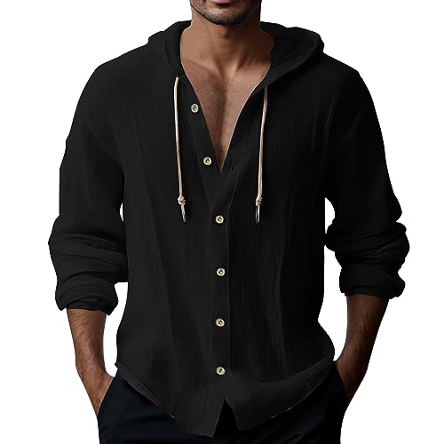 Leinenhemd Herren mit Kapuze Sommer Hoodie Dünn Langarm Hawaii Hemd Männer Einfarbig Sommerhemd Lässig Freizeithemden Langarmshirt Linen Kapuzenhemd von Generic