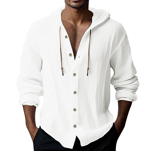 Leinenhemd Herren mit Kapuze Sommer Hoodie Dünn Langarm Hawaii Hemd Männer Einfarbig Sommerhemd Lässig Freizeithemden Langarmshirt Linen Kapuzenhemd von Generic