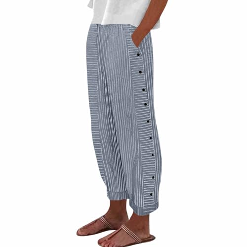 Leinenhose Damen,Leinenhose Damen 7/8,Leinenhosen Damen Sommer 2024 Gestreift Lässig Elastisch Hohe Taille Gerades Bein Locker Boho Trendy Hose mit Taschen,blau,L von Generic