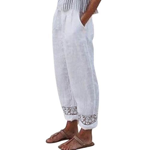 Leinenhose Damen 7/8,7/8 Leinenhose Damen Sommer Leicht Sporthose Baumwolle Leinen Stoffhose Lockere Sommerhose Lässig High Waist Strandhose mit Taschen Freizeithose Elegant,Weiß,L von Generic