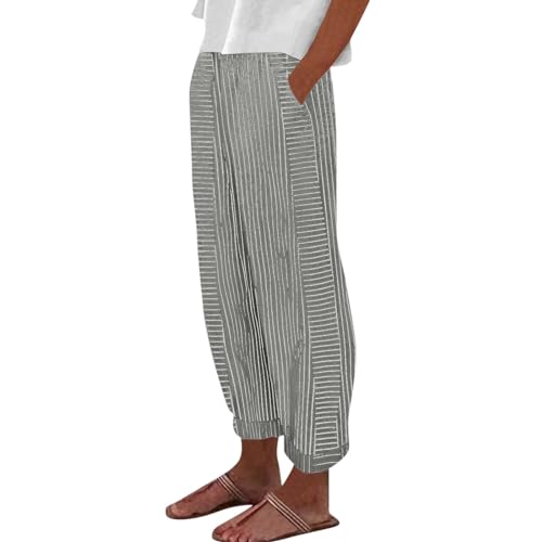 Leinenhose Damen 7/8,Sommerhose Damen Leicht,Sommer Leinenhose,Luftig Sommerhosen,High Waist Linen Pants,Elegant Stoffhose,Lockere Hosen mit Tunnelzug und Taschen,grau,XL von Generic