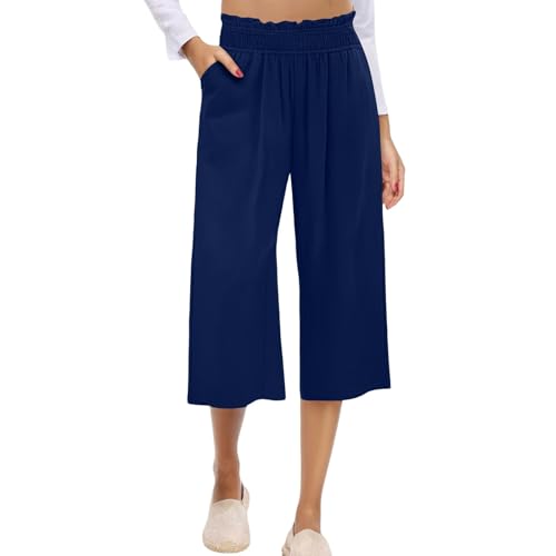 Leinenhose Damen 7/8 Leicht - Sommerhose Elegant Palazzohose Luftige Stoffhose Weites Bein Leinen-Hosen Boho Strandhose Locker Freizeithose Elastischer Bund Sporthose mit Taschen von Generic