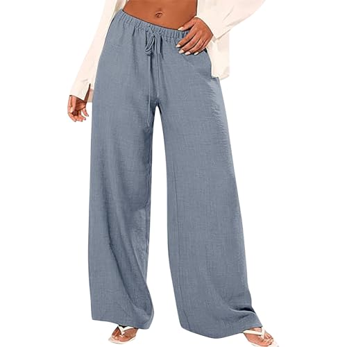 Leinenhose Damen Baggy Leicht - Leinen Sommerhose Loose Freizeithose High Waist Stoffhose Stretch Yogahose Casual Einfarbig Schlupfhose Jogginghose Straight Bein Hosen Mit Taschen von Generic