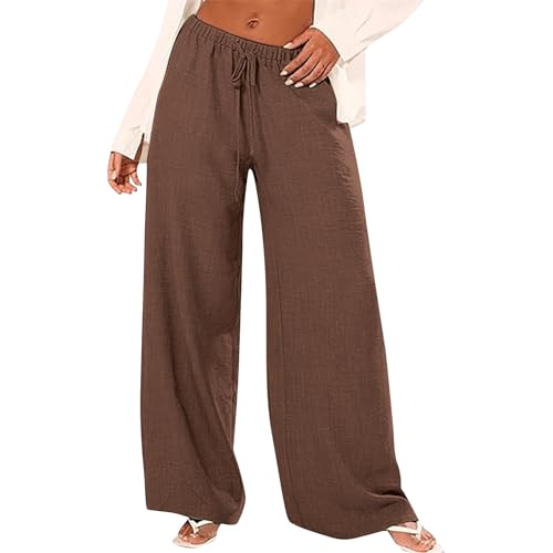 Leinenhose Damen Baggy Leicht - Leinen Sommerhose Loose Freizeithose High Waist Stoffhose Stretch Yogahose Casual Einfarbig Schlupfhose Jogginghose Straight Bein Hosen Mit Taschen von Generic