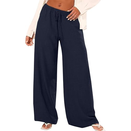 Leinenhose Damen Baggy Leicht - Leinen Sommerhose Loose Freizeithose High Waist Stoffhose Stretch Yogahose Casual Einfarbig Schlupfhose Jogginghose Straight Bein Hosen Mit Taschen von Generic