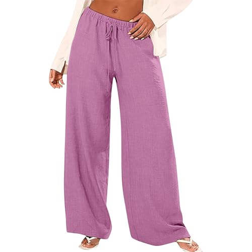 Leinenhose Damen Baggy Leicht - Leinen Sommerhose Loose Freizeithose High Waist Stoffhose Stretch Yogahose Casual Einfarbig Schlupfhose Jogginghose Straight Bein Hosen Mit Taschen von Generic