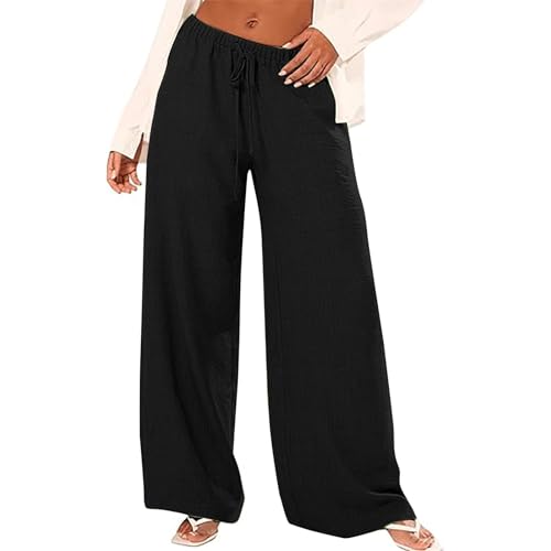 Leinenhose Damen Baggy Leicht - Leinen Sommerhose Loose Freizeithose High Waist Stoffhose Stretch Yogahose Casual Einfarbig Schlupfhose Jogginghose Straight Bein Hosen Mit Taschen von Generic