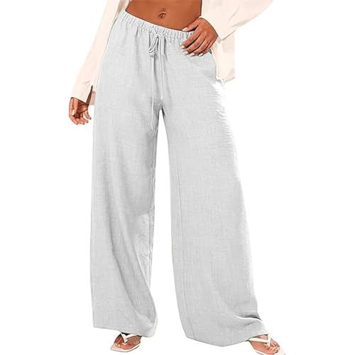 Leinenhose Damen Baggy Leicht - Leinen Sommerhose Loose Freizeithose High Waist Stoffhose Stretch Yogahose Casual Einfarbig Schlupfhose Jogginghose Straight Bein Hosen Mit Taschen von Generic