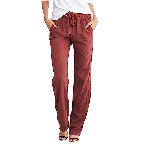 Leinenhose Damen Hose Sommer Musselin Schlupfhose Stoffhose Einfarbig Freizeithose Gerade Geschnitten Hose Sommerhose und Taschen Wide Leg Bequeme Sommerhose Luftige Stretch Strandhose 2024 Mode Hose von Generic