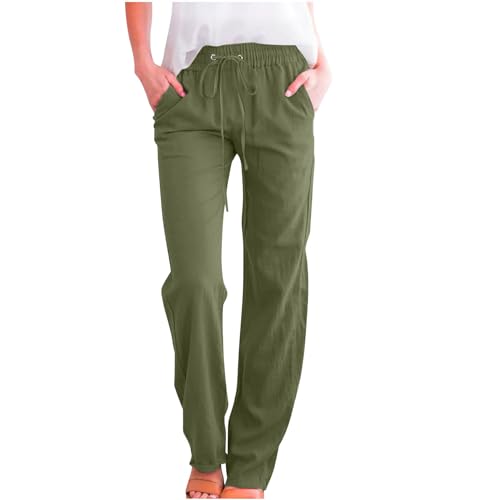 Leinenhose Damen Hosen Sommer Casual Leichte Hose Hohe Taille Strandhose Baumwolle Leinen Freizeithose mit Taschen und Tunnelzug Sommerhose Weitem Bein Jogginghose Locker Arbeitshose von Generic
