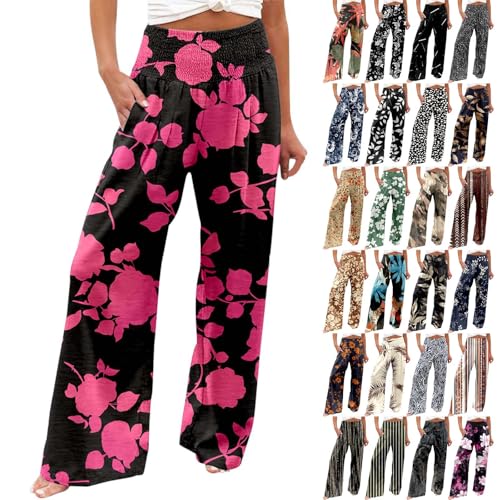 Leinenhose Damen Lang Boho Hosen Damen Elegante Blumen Druck Freizeithose Hohe Taille Palazzo Hosen mit Tunnelzug und Taschen Leicht Luftig Strandhose Böhmischer Stil Yogahose von Generic