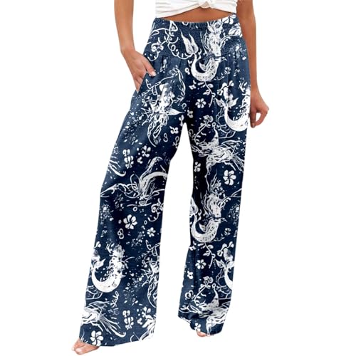 Leinenhose Damen Lang Boho Hosen Damen Elegante Blumen Druck Freizeithose Hohe Taille Palazzo Hosen mit Tunnelzug und Taschen Leicht Luftig Strandhose Böhmischer Stil Yogahose von Generic
