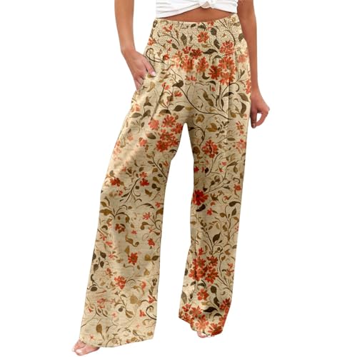 Leinenhose Damen Lang Boho Hosen Damen Elegante Blumen Druck Freizeithose Hohe Taille Palazzo Hosen mit Tunnelzug und Taschen Leicht Luftig Strandhose Böhmischer Stil Yogahose von Generic