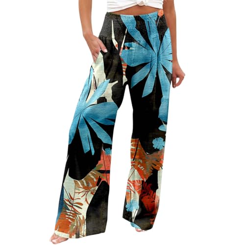 Leinenhose Damen Lang Boho Hosen Damen Elegante Blumen Druck Freizeithose Hohe Taille Palazzo Hosen mit Tunnelzug und Taschen Leicht Luftig Strandhose Böhmischer Stil Yogahose von Generic