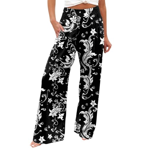 Leinenhose Damen Lang Boho Hosen Damen Elegante Blumen Druck Freizeithose Hohe Taille Palazzo Hosen mit Tunnelzug und Taschen Leicht Luftig Strandhose Böhmischer Stil Yogahose von Generic