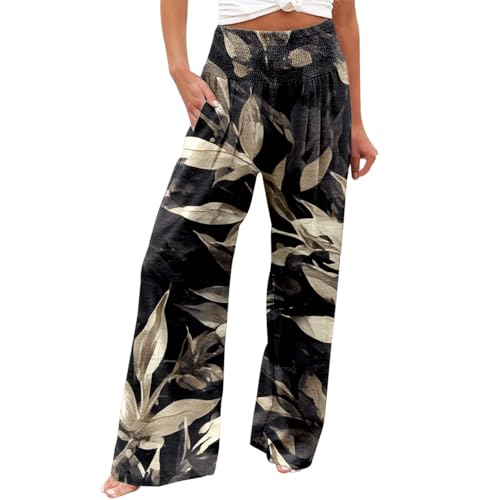 Leinenhose Damen Lang Boho Hosen Damen Elegante Blumen Druck Freizeithose Hohe Taille Palazzo Hosen mit Tunnelzug und Taschen Leicht Luftig Strandhose Böhmischer Stil Yogahose von Generic