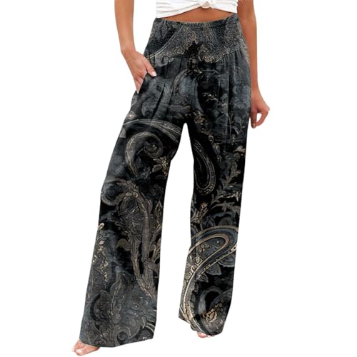 Leinenhose Damen Lang Boho Hosen Damen Elegante Blumen Druck Freizeithose Hohe Taille Palazzo Hosen mit Tunnelzug und Taschen Leicht Luftig Strandhose Böhmischer Stil Yogahose von Generic