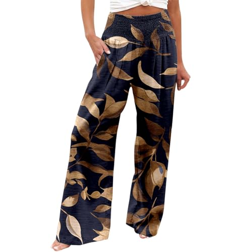 Leinenhose Damen Lang Boho Hosen Damen Elegante Blumen Druck Freizeithose Hohe Taille Palazzo Hosen mit Tunnelzug und Taschen Leicht Luftig Strandhose Böhmischer Stil Yogahose von Generic