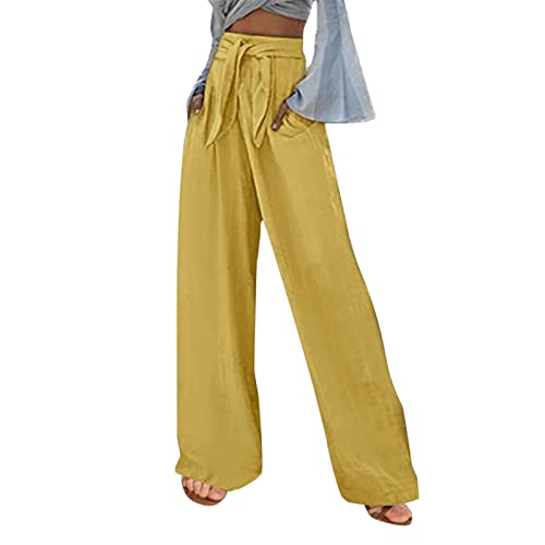 Leinenhose Damen Lang Weites Bein High Waist Sommerhose Elegant Stretch Bequem Stoff Leinen Hose Leicht Luftig Sommerhose Locker Schlupfhose Stoffhose (Gelb, XL) von Generic