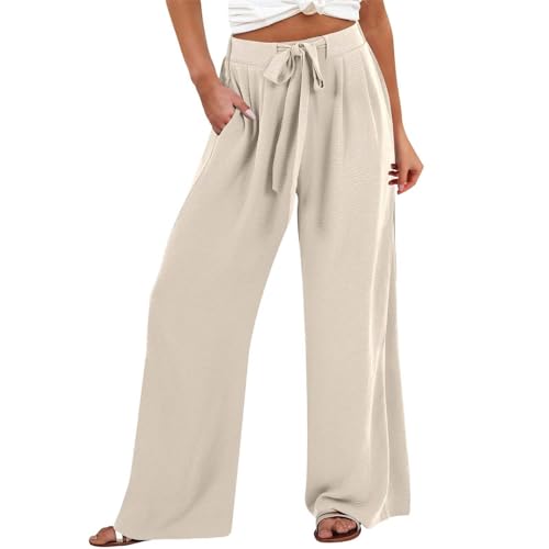 Leinenhose Damen Leicht - Palazzo Hose mit Taschen Casual Sommerhose Weite Bein Sommer Stoffhose Einfarbig Freizeithose Hohe Taille Lose Strandhose Luftige Lang Leinenhosen Bequem Pants von Generic