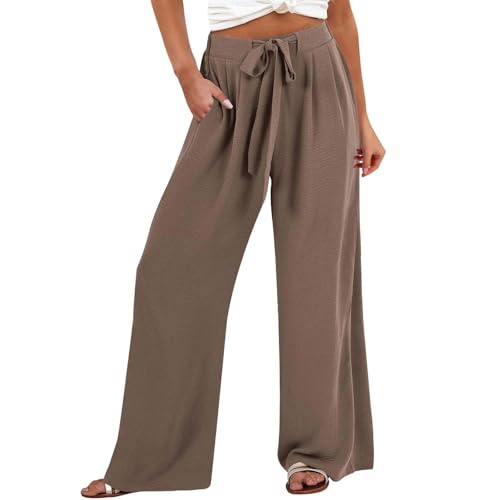 Leinenhose Damen Leicht - Palazzo Hose mit Taschen Casual Sommerhose Weite Bein Sommer Stoffhose Einfarbig Freizeithose Hohe Taille Lose Strandhose Luftige Lang Leinenhosen Bequem Pants von Generic