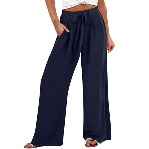 Leinenhose Damen Leicht - Palazzo Hose mit Taschen Casual Sommerhose Weite Bein Sommer Stoffhose Einfarbig Freizeithose Hohe Taille Lose Strandhose Luftige Lang Leinenhosen Bequem Pants von Generic