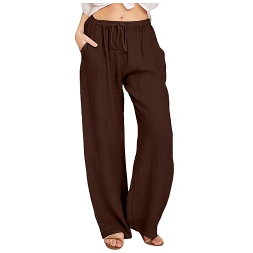 Leinenhose Damen Leicht und Luftig Sommerhose Weites Bein Leinen Stoffhose Loose Bequeme Freizeithose Einfarbig Schlupfhose Jogginghose Casual Straight Leg Hose Strandhose mit Taschen (Kaffee, S) von Generic