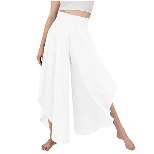 Leinenhose Damen Leichte Sommerhose, Wickelhose mit Schlitz Weites Bein Rüschen Hose Flowy Sommer Yogahose Leicht Luftige Plissee Bequeme Sporthose Hose Damen Sommer Hosenrock Damen lang von Generic