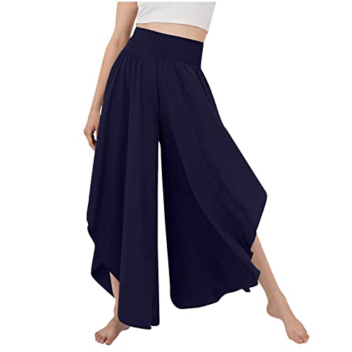 Leinenhose Damen Leichte Sommerhose, Wickelhose mit Schlitz Weites Bein Rüschen Hose Flowy Sommer Yogahose Leicht Luftige Plissee Bequeme Sporthose umstandsradlerhose Damen Sommerhose Damen leicht von Generic