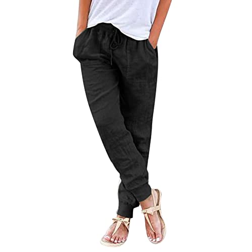 Leinenhose Damen Sommer, Sommerhosen Damen Leicht und Luftig Stoffhose Stretch Leichte Sommerhose Einfarbig Strandhose Straight Leg Musselin Hose Bequeme Freizeithose mit Taschen Tunnelzug von Generic