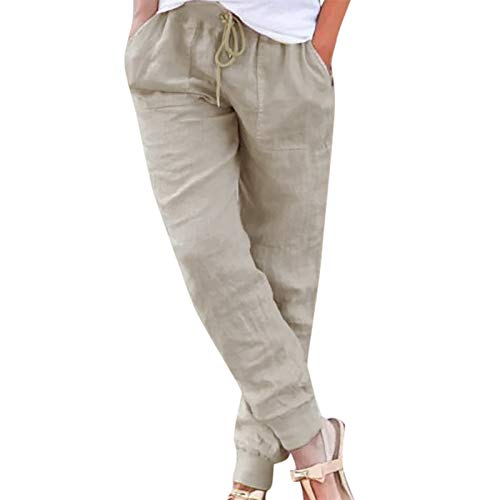 Leinenhose Damen Sommer, Sommerhosen Damen Leicht und Luftig Stoffhose Stretch Leichte Sommerhose Einfarbig Strandhose Straight Leg Musselin Hose Bequeme Freizeithose mit Taschen Tunnelzug von Generic