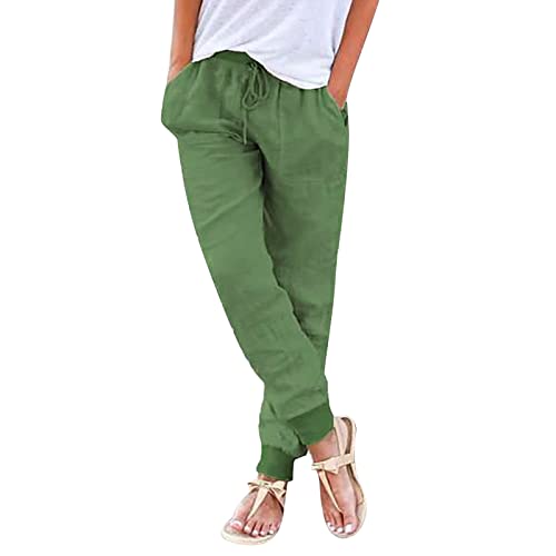 Leinenhose Damen Sommer, Sommerhosen Damen Leicht und Luftig Stoffhose Stretch Leichte Sommerhose Einfarbig Strandhose Straight Leg Musselin Hose Bequeme Freizeithose mit Taschen Tunnelzug von Generic