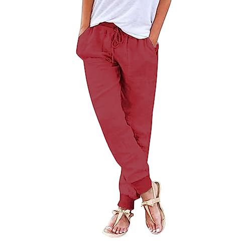 Leinenhose Damen Sommer, Sommerhosen Damen Leicht und Luftig Stoffhose Stretch Leichte Sommerhose Einfarbig Strandhose Straight Leg Musselin Hose Bequeme Freizeithose mit Taschen Tunnelzug von Generic