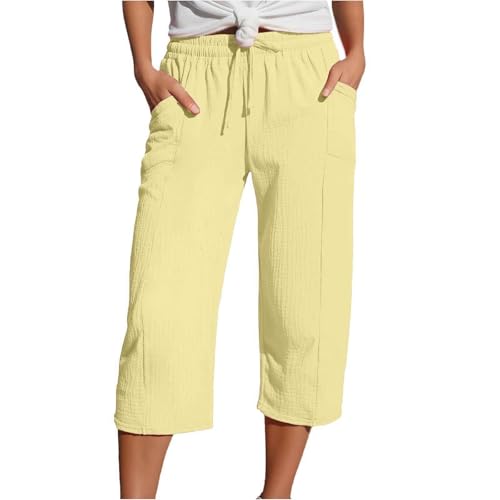 Leinenhose Damen Sommer 3/4 Musselin Hose Leicht Leinen Sommerhose Causal Locker Caprihose Elastische Bequeme Stoffhose Sport Freizeit Hosen Strandhose Mit Taschen von Generic