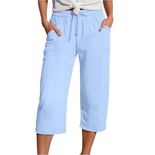 Leinenhose Damen Sommer 3/4 Musselin Hose Leicht Leinen Sommerhose Causal Locker Caprihose Elastische Bequeme Stoffhose Sport Freizeit Hosen Strandhose Mit Taschen von Generic