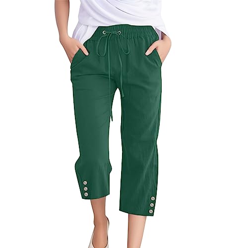 Leinenhose Damen Sommer 3/4 Sommerhose Leicht und Luftig High Waist Casual Bequeme Stoffhose Capri Hose Baumwolle Linen Pants Locker Freizeithose Strandhose Caprihose mit Kordelzug A5- Grün 3XL Leinenhose Damen Sommer 3/4 Sommerhose Leicht und Luftig High Waist Casual Bequeme Stoffhose Capri Hose Baumwolle Linen Pants Locker Freizeithose Strandhose Caprihose mit Kordelzug A5- Grün 3XL von Generic
