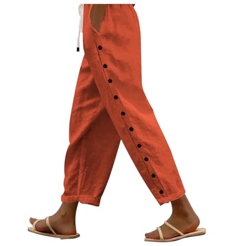 Leinenhose Damen Sommer 7/8 High Waist Sommerhose Leicht Bequeme Luftig Baumwolle Stoffhose Musselin Hose Cropped Linen Pants Lockere Freizeithose Strandhose mit Taschen F11- Button Orange L von Generic